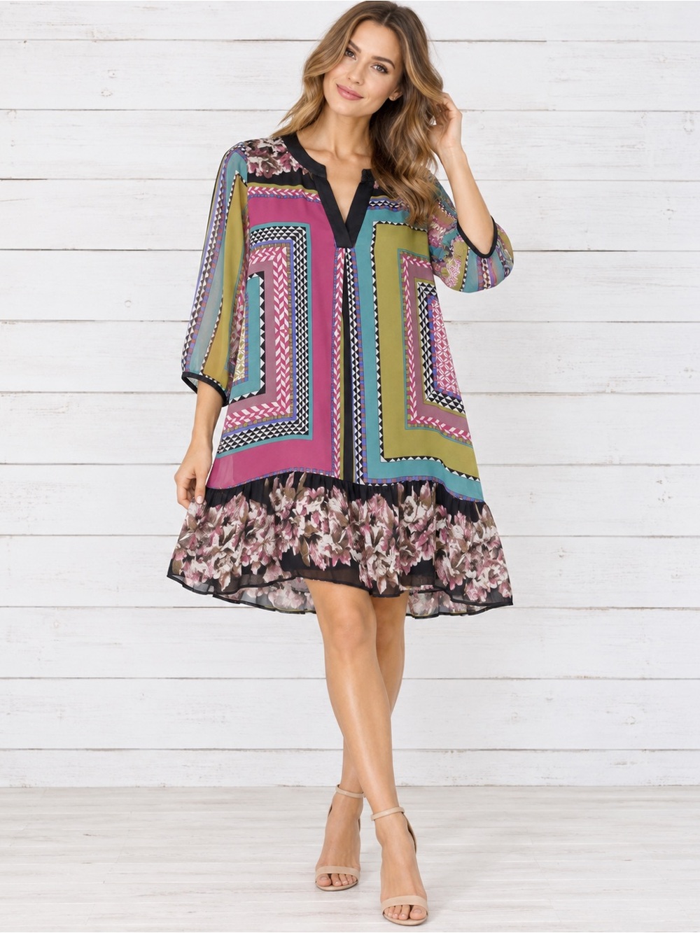 GLAM Geometric & Floral Split V-Neck Ruffle Midi Dress - Small
